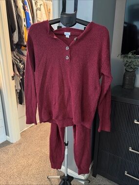 2 pc Cozy Women's Burgundy Knit Henley Sweater